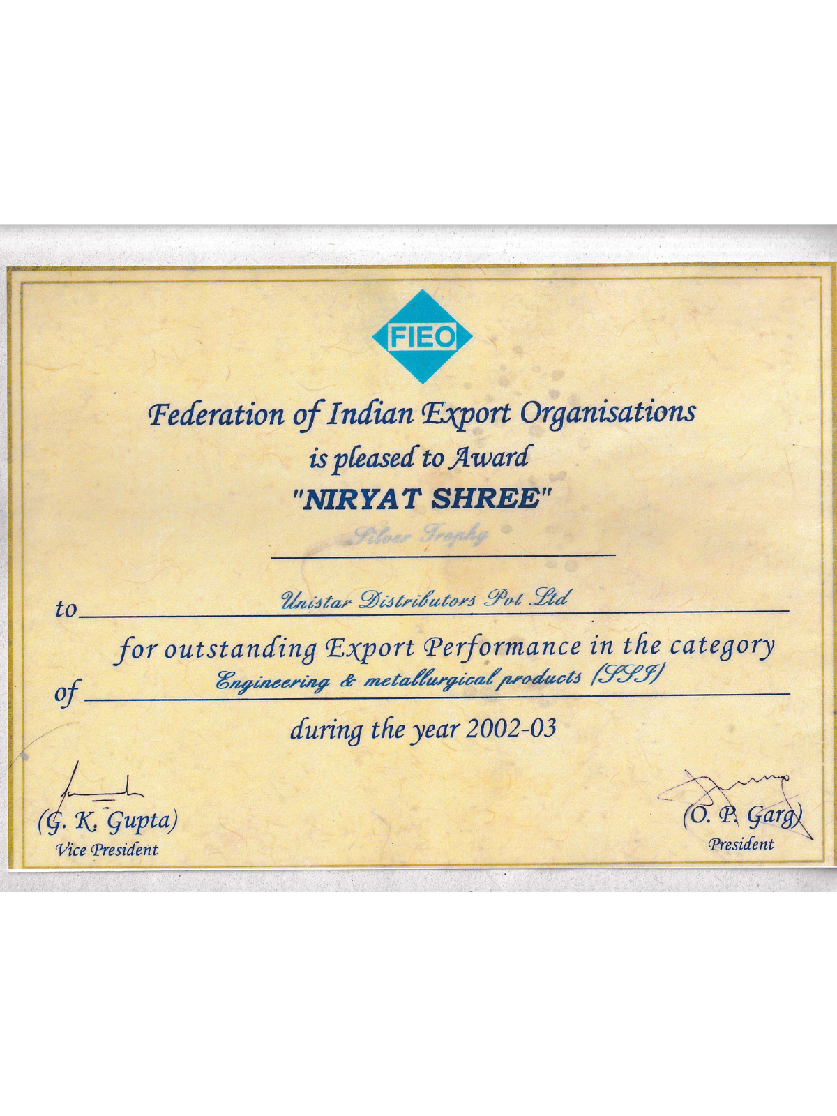 Niryat Shree Award certificate